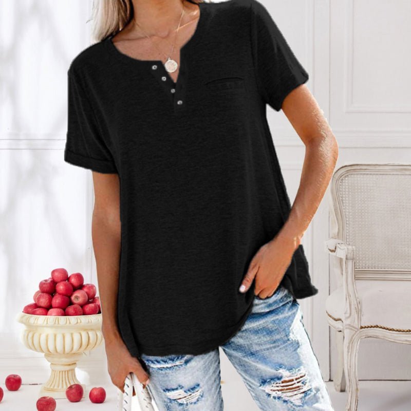 Kurzarm Knöpfen T-Shirt mit Tasche für Damen