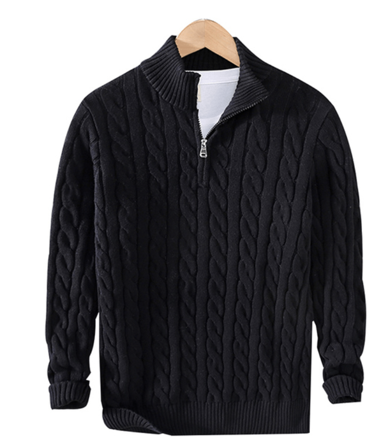 Herren Strickpullover mit Zopfmuster | Halbzip Rollkragen
