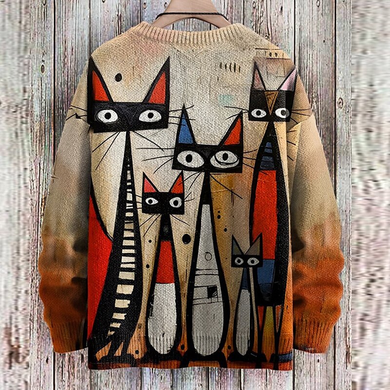 Strickpullover mit Katzenmuster für Frauen
